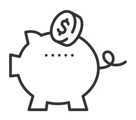 Outline of piggy bank with coin featuring dollar symbol for financial savings concept