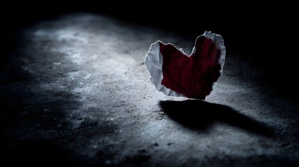 A torn paper heart casts a dramatic shadow on a textured surface
