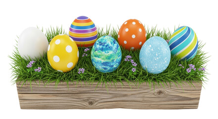Isolated colorful Easter eggs in rustic wood box in grass for holiday decoration or celebration