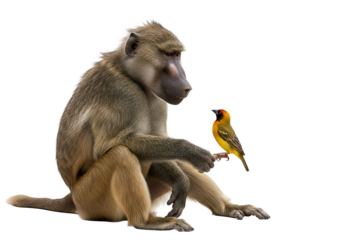 A gray baboon sits attentively, holding a vibrant yellow and red bird, set against a stark black backdrop.
