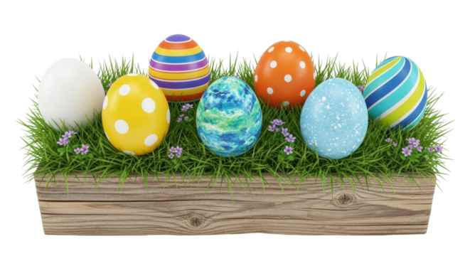 Isolated colorful Easter eggs in rustic wood box in grass for holiday decoration or celebration