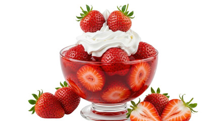 Isolated bowl of juicy sliced strawberries with whipped cream dessert food presentation