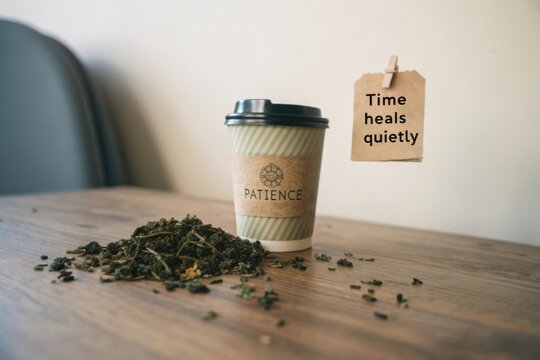 Inspirational Coffee Cup with Herbal Tea Leaves and Motivational Tag Reflecting on Time and Healing in Cafe Setting - Powered by Adobe