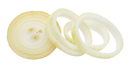 Isolated slices of yellow onion, cooking ingredient, healthy food, preparing food, onion rings