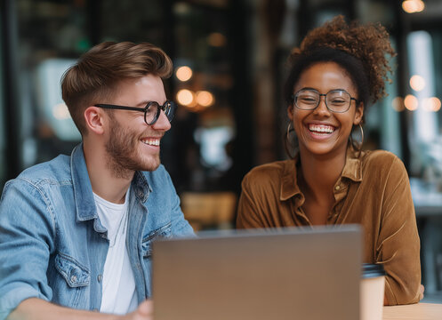 Happy diverse business couple working together on laptop at the office laughing