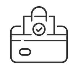 Minimalist black and white icon of a downloaded file in a bag with a checkmark circle