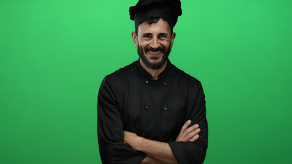 Naklejka premium Smiling hispanic male chef with beard in black uniform standing confidently against vibrant green background showcasing culinary expertise.