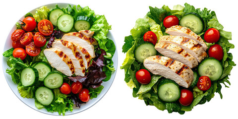 Grilled Chicken Salad with Fresh Vegetables and Cherry Tomatoes isolated on transparent background.