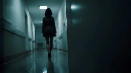 A person walks down a dimly lit eerie hospital hallway creating a sense of mystery and suspense