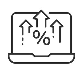 Laptop displaying rising arrows and percentage sign icon for business growth concept