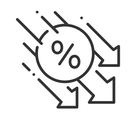 Interest rate decline: black and white percentage icon with downward arrows