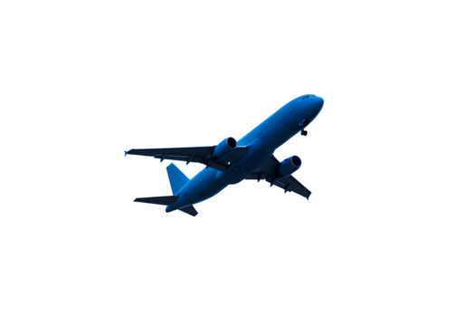 Airplane in Flight Blue Neon Airplane Air Travel Concept Night Flight Abstract Airplane Design Vector Illustration isolated on transparent background