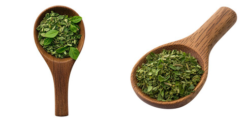 Fresh Green Herbs in Wooden Spoon for Culinary Use and Garnish isolated on transparent background.