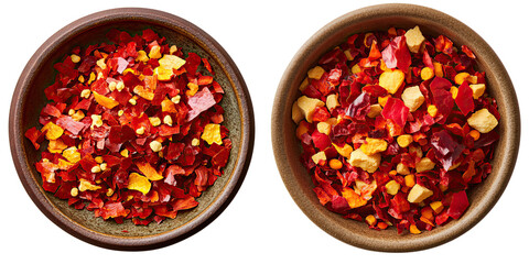 Colorful Dried Spice Mixture in Bowls for Culinary Inspiration isolated on transparent background.