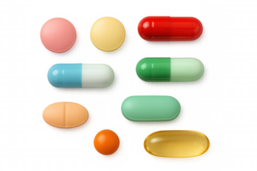 Various colorful pills, capsules, and vitamin supplements for medical treatment, healthcare, and pharmacy concepts on transparent background