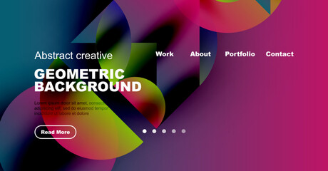 Abstract website design features vibrant geometric shapes, text overlays, navigation menu. Modern aesthetic, colorful gradients dominate composition.