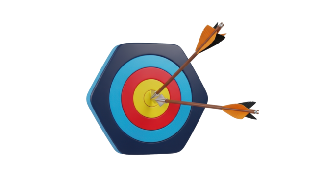 Isolated archery target and arrows hit the mark, success concept with the bullseye center