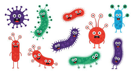 A collection of cute and colorful cartoon germs with silly expressions.