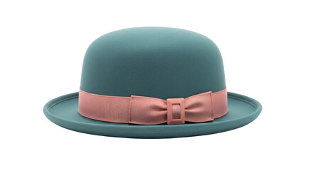 Fototapeta premium Isolated turquoise bowler hat with salmon colored ribbon trim, women's fashion accessory