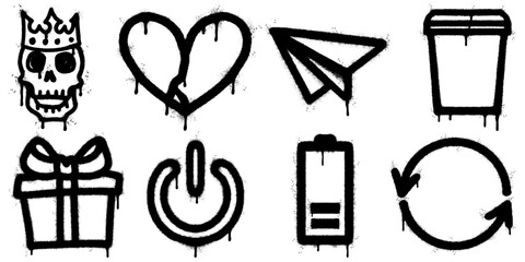 Street art inspired graffiti icon collection in dripping black paint style Includes skull with crown heart paper plane trash bin gift box power button battery and recycle arrows