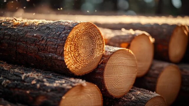 A pile of freshly cut logs stacked together in a forest illuminated by warm sunlight, natural wood texture, logging industry, forestry, lumber production, renewable resources and environmental themes.