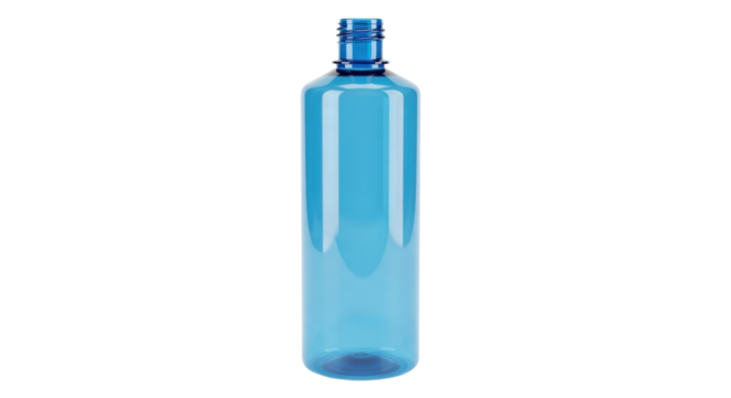 Isolated translucent blue plastic bottle, container for liquid cosmetic, hygienic product