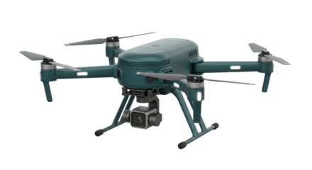 Isolated green unmanned aerial vehicle carrying a camera for aerial photography work, view