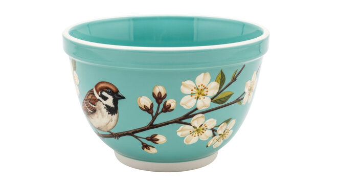 Isolated turquoise bowl featuring bird and flowering branch, spring kitchenware item