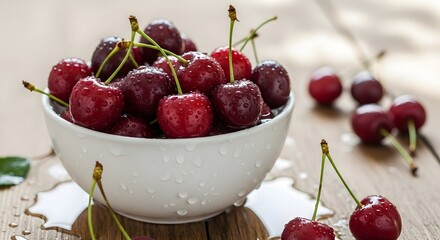 Fresh, ripe cherries in a white bowl, glistening with water droplets on a wooden surface, inviting and delicious