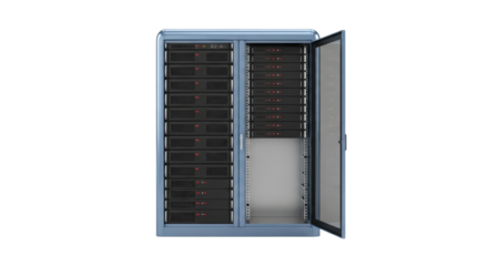 Isolated Server rack system with one door open for data storage and backup in the cloud