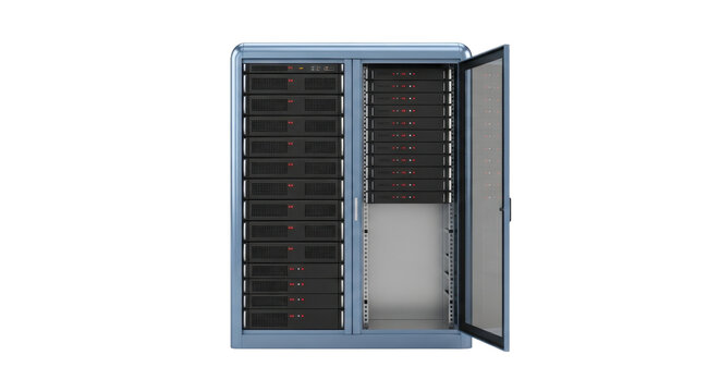 Isolated Server rack system with one door open for data storage and backup in the cloud