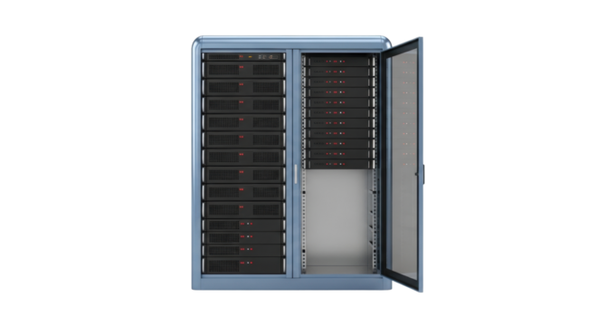 Isolated Server rack system with one door open for data storage and backup in the cloud - Powered by Adobe