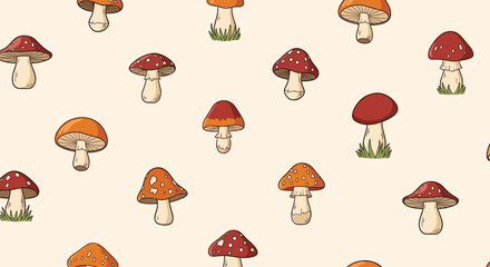 A delightful pattern featuring a variety of charming mushrooms in different colors and sizes.