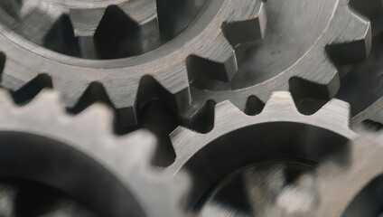 Close-up view of meshing metal gears, interlocking for motion in a machine