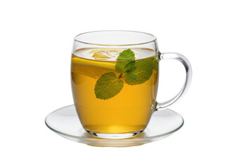 Refreshing glass mug of lemon and mint tea isolated, healthy beverage with citrus and herbs for wellness and relaxation