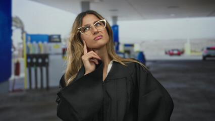 Woman judge in judicial robe slightly touches cheek with finger at gas station forecourt  toothache doubt. © Krakenimages.com