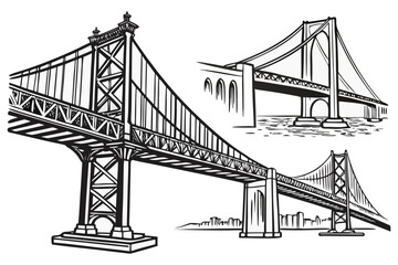 Vector Engineering Bridge Illustration – Architectural Sketch of Historic and Modern Bridges.