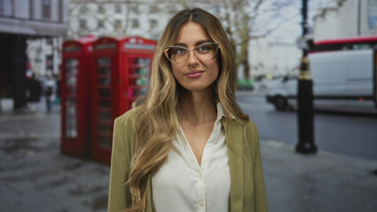 Obraz premium Young executive woman with glasses looks sideways amid passing traffic on city street; thoughtfulness curiosity.
