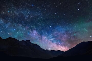 Majestic Night Sky View Mountains Underneath a Universe of Stars Nebula on transparent background