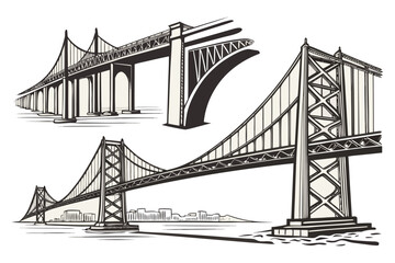 Vector Engineering Bridge Illustration – Architectural Sketch of Historic and Modern Bridges.