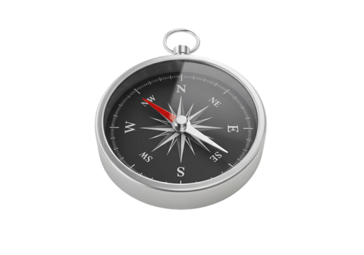 Silver Pocket Compass Navigation Tool Direction Finder Travel Accessory Isolated on White isolated on transparent background