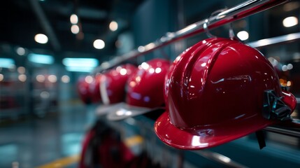 Fototapeta premium A row of red hard hats are hanging on a rack