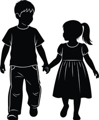 Children walking silhouette, boy and girl holding hands, childhood friendship, emotional bond, vector art, innocence, family love, black and white
