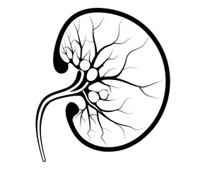 Illustration of a kidney with visible internal structures and a prominent ureter in black and white | editable eps vectors silhouette