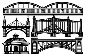 Vector Engineering Bridge Illustration – Architectural Sketch of Historic and Modern Bridges.