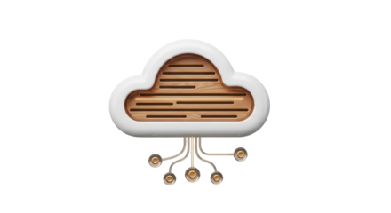 Isolated graphic rendering of wooden cloud computing server for storing data online