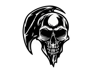 Skull illustration with tribal like headdress in black and white vector design isolated on white background | editable eps vectors silhouette