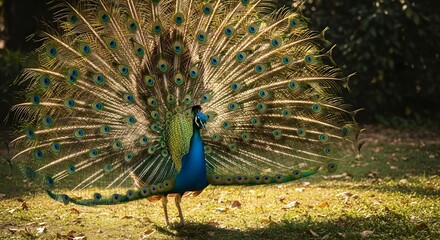 Obraz premium Majestic peacock displaying its vibrant plumage in a sundrenched field, showcasing natures beauty and elegance