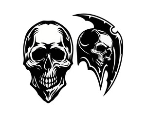 Two black and white skulls one with a tribal design element around it on a white background design image | editable eps vectors silhouette