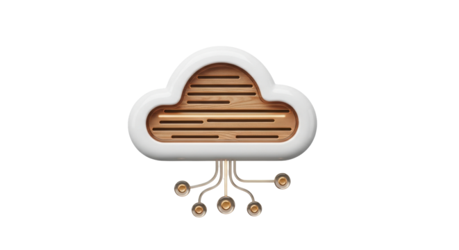 Isolated graphic rendering of wooden cloud computing server for storing data online
